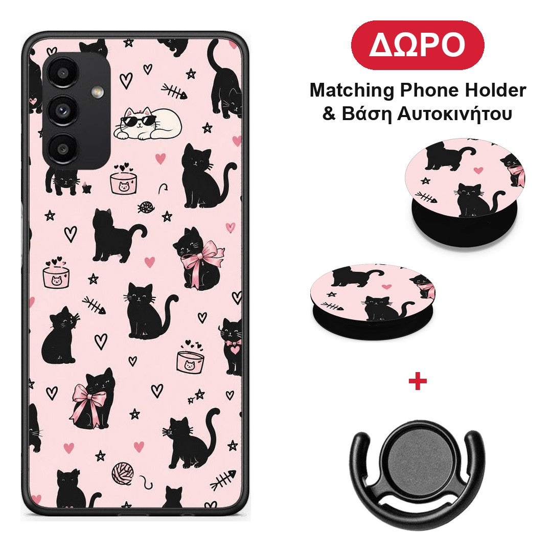 Black Cat Doodles on Pink - Samsung Galaxy A04s θήκη + Δώρο Phone Holder & Βάση Αυτοκινήτου