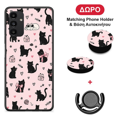 Black Cat Doodles on Pink - Samsung Galaxy A04s θήκη + Δώρο Phone Holder & Βάση Αυτοκινήτου