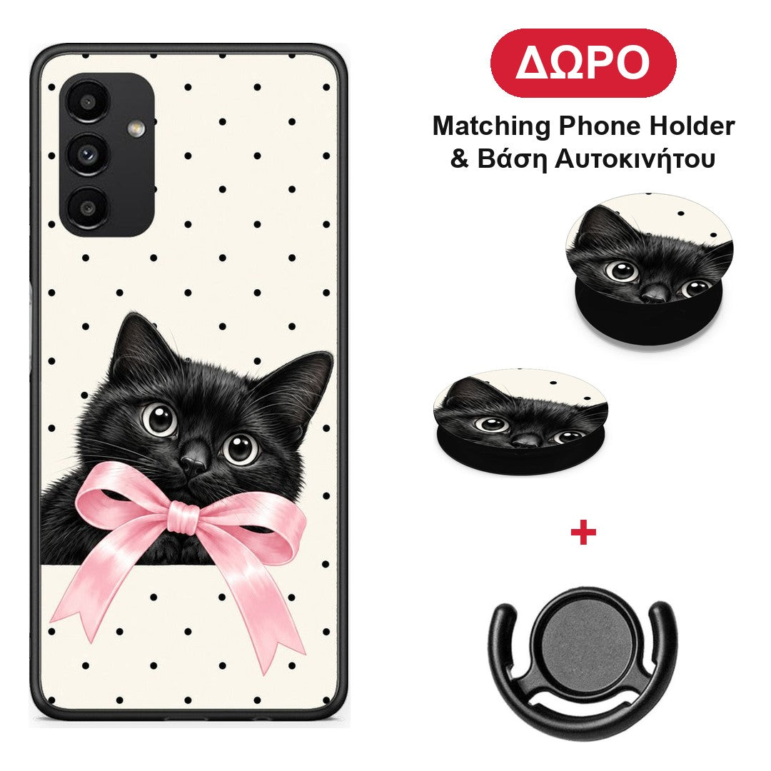 Black Kitten Pink Bow and Polka Dots - Samsung Galaxy A04s θήκη + Δώρο Phone Holder & Βάση Αυτοκινήτου