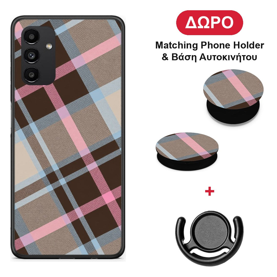 Brown Pink and Blue Diagonal Plaid - Samsung Galaxy A04s θήκη + Δώρο Phone Holder & Βάση Αυτοκινήτου