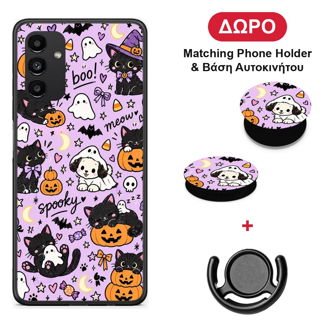 Halloween Black Cats on Lilac - Samsung Galaxy A04s θήκη + Δώρο Phone Holder & Βάση Αυτοκινήτου