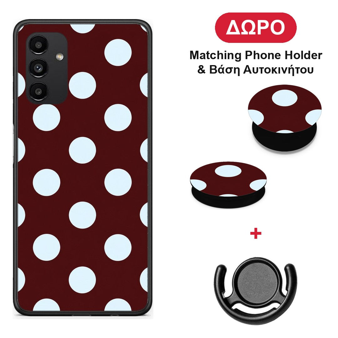 Pale Blue Large Polka Dots on Burgundy - Samsung Galaxy A04s θήκη + Δώρο Phone Holder & Βάση Αυτοκινήτου