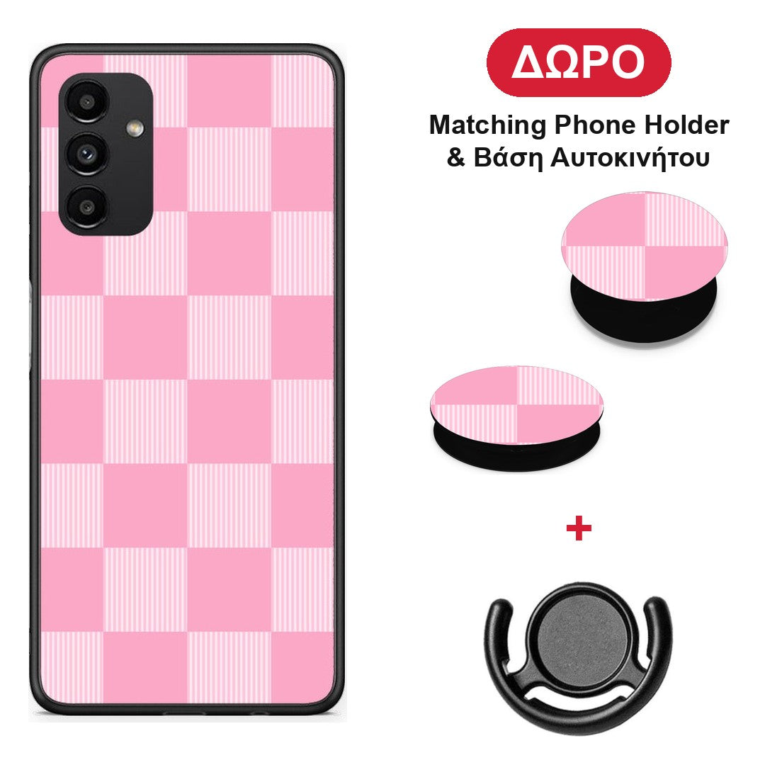 Pink and White Striped Checks - Samsung Galaxy A04s θήκη + Δώρο Phone Holder & Βάση Αυτοκινήτου