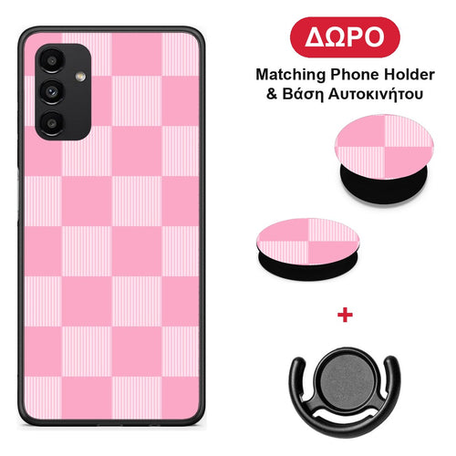 Pink and White Striped Checks - Samsung Galaxy A04s θήκη + Δώρο Phone Holder & Βάση Αυτοκινήτου