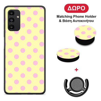 Pink Polka Dots on Yellow - Samsung Galaxy A04s θήκη + Δώρο Phone Holder & Βάση Αυτοκινήτου