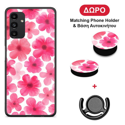 Pink Watercolour Flowers on White - Samsung Galaxy A04s θήκη + Δώρο Phone Holder & Βάση Αυτοκινήτου