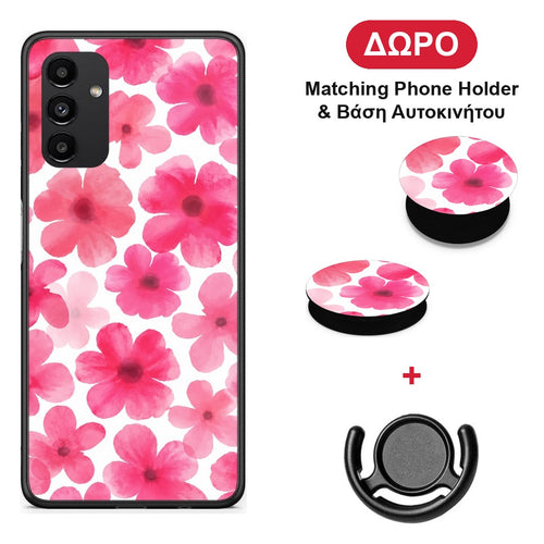 Pink Watercolour Flowers on White - Samsung Galaxy A04s θήκη + Δώρο Phone Holder & Βάση Αυτοκινήτου