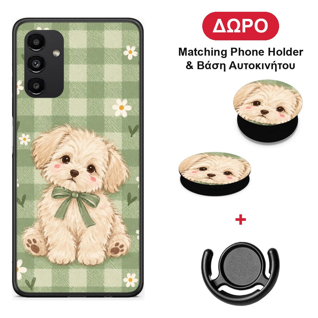 Puppy and Daisies on Sage Gingham - Samsung Galaxy A04s θήκη + Δώρο Phone Holder & Βάση Αυτοκινήτου