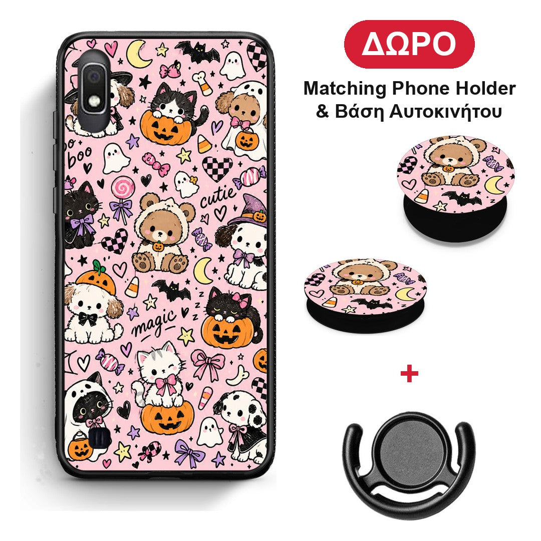 Halloween Cute Animals on Pink - Samsung Galaxy A10 θήκη + Δώρο Phone Holder & Βάση Αυτοκινήτου