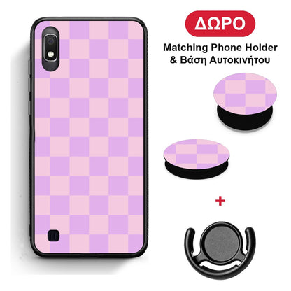 Lavender and Pink Checkerboard - Samsung Galaxy A10 θήκη + Δώρο Phone Holder & Βάση Αυτοκινήτου