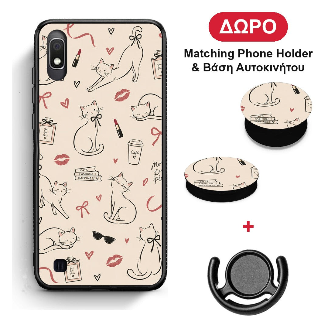 Minimal Cat and Fashion Doodles on Cream - Samsung Galaxy A10 θήκη + Δώρο Phone Holder & Βάση Αυτοκινήτου