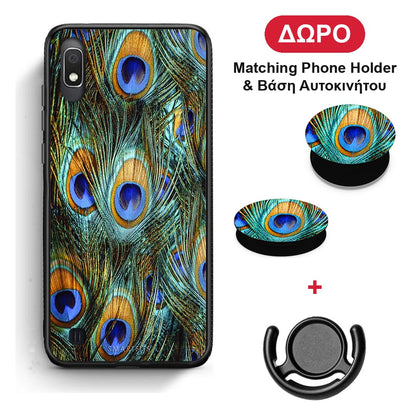Real Peacock Feathers - Samsung Galaxy A10 θήκη + Δώρο Phone Holder & Βάση Αυτοκινήτου