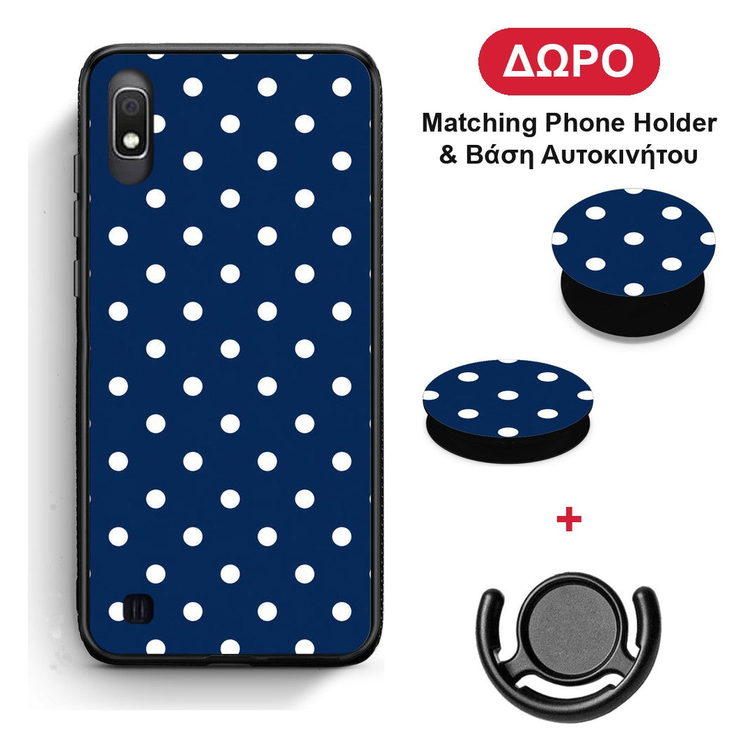 White Small Polka Dots on Navy - Samsung Galaxy A10 θήκη + Δώρο Phone Holder & Βάση Αυτοκινήτου