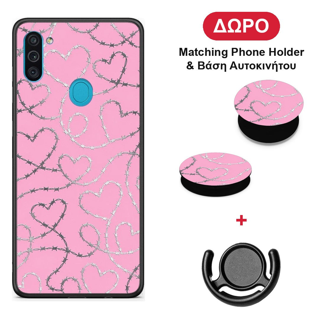 Barbed Wire Hearts on Pink - Samsung Galaxy A11 / M11 θήκη + Δώρο Phone Holder & Βάση Αυτοκινήτου