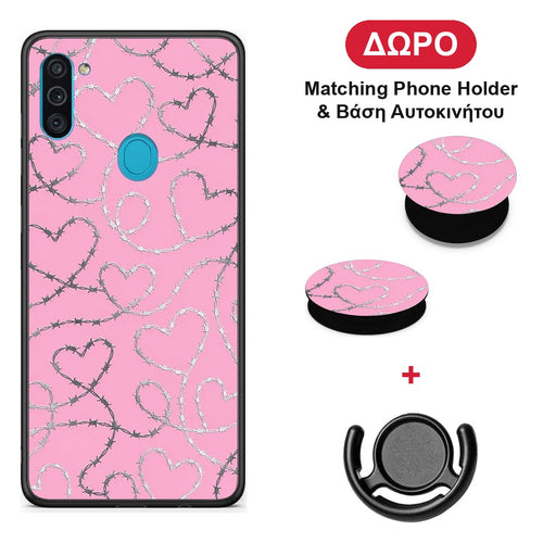 Barbed Wire Hearts on Pink - Samsung Galaxy A11 / M11 θήκη + Δώρο Phone Holder & Βάση Αυτοκινήτου