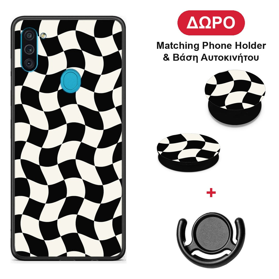 Black and Cream Wavy Checkerboard - Samsung Galaxy A11 / M11 θήκη + Δώρο Phone Holder & Βάση Αυτοκινήτου