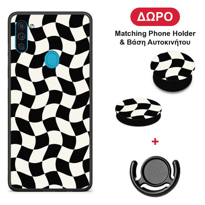 Black and Cream Wavy Checkerboard - Samsung Galaxy A11 / M11 θήκη + Δώρο Phone Holder & Βάση Αυτοκινήτου