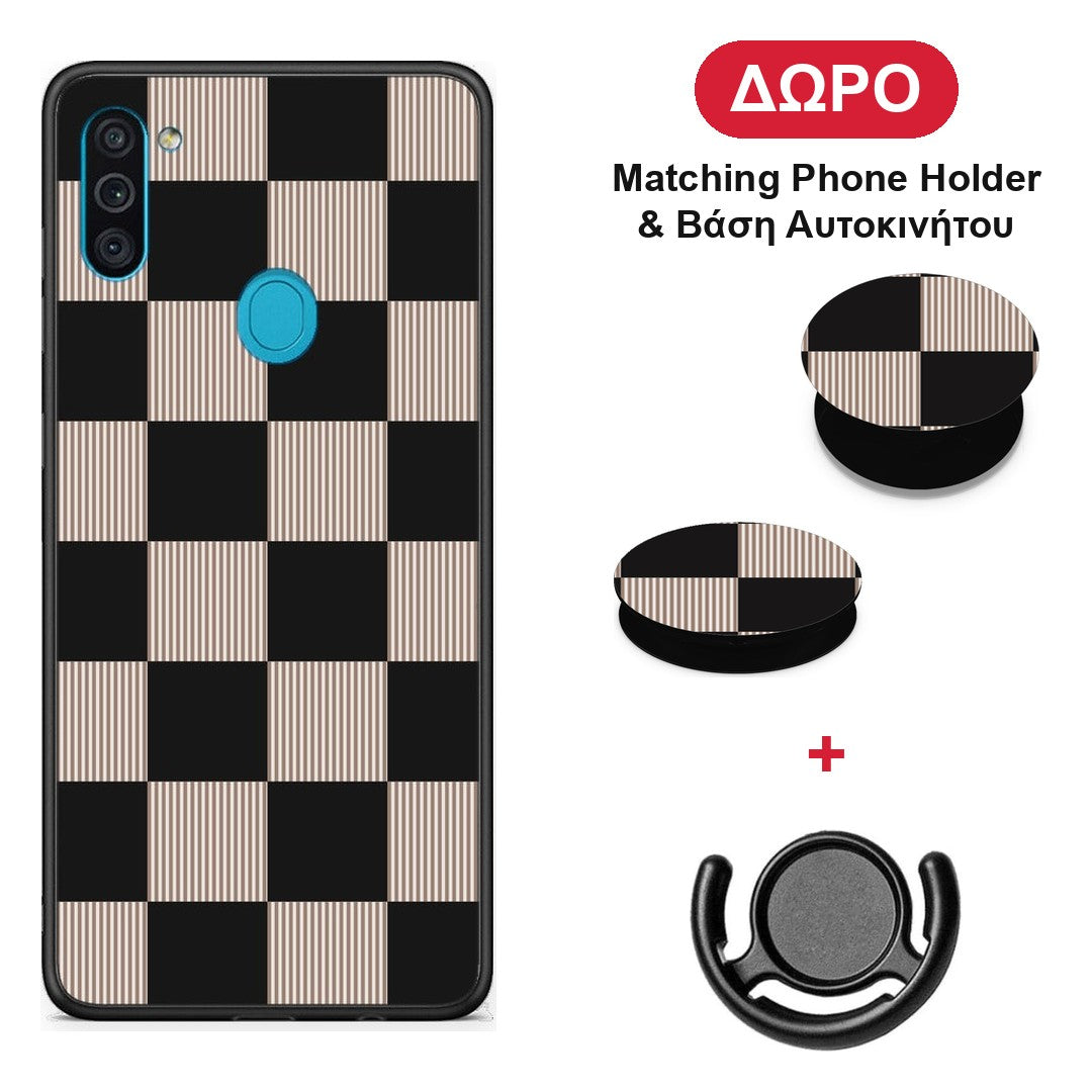 Black and Taupe Striped Checks - Samsung Galaxy A11 / M11 θήκη + Δώρο Phone Holder & Βάση Αυτοκινήτου