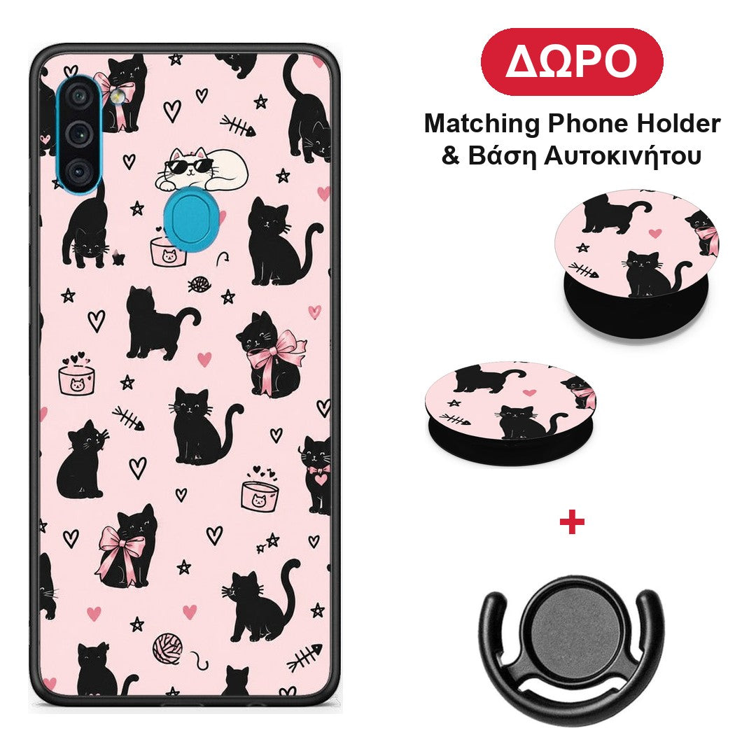 Black Cat Doodles on Pink - Samsung Galaxy A11 / M11 θήκη + Δώρο Phone Holder & Βάση Αυτοκινήτου