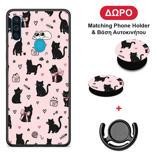 Black Cat Doodles on Pink - Samsung Galaxy A11 / M11 θήκη + Δώρο Phone Holder & Βάση Αυτοκινήτου