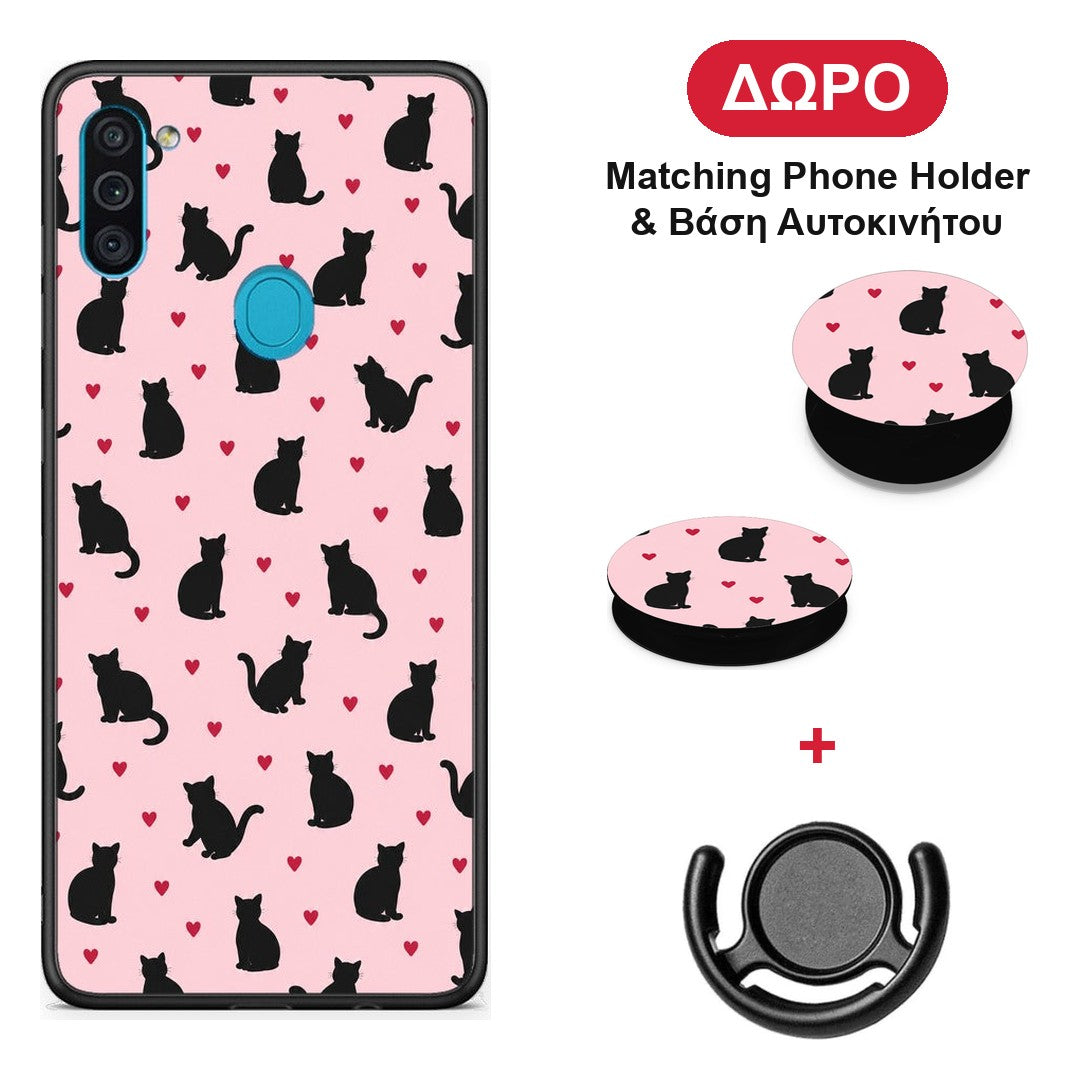 Black Cat Silhouettes and Hearts on Pink - Samsung Galaxy A11 / M11 θήκη + Δώρο Phone Holder & Βάση Αυτοκινήτου