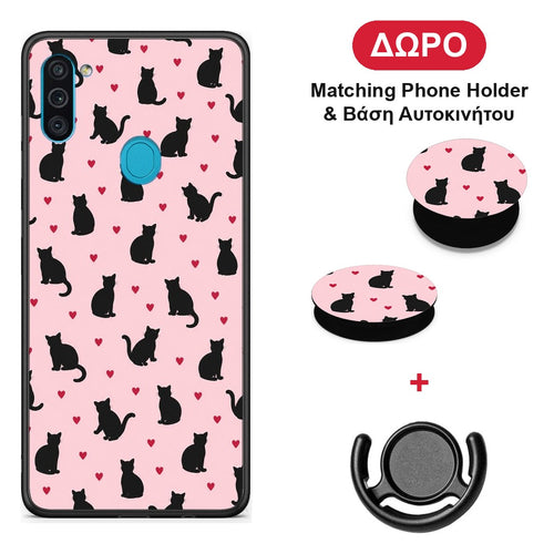 Black Cat Silhouettes and Hearts on Pink - Samsung Galaxy A11 / M11 θήκη + Δώρο Phone Holder & Βάση Αυτοκινήτου