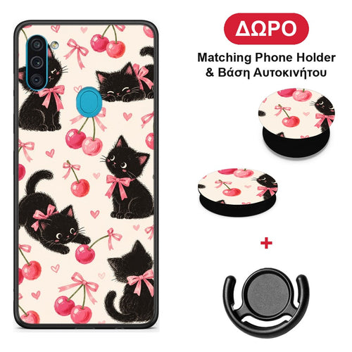 Black Kittens and Cherries on Cream - Samsung Galaxy A11 / M11 θήκη + Δώρο Phone Holder & Βάση Αυτοκινήτου