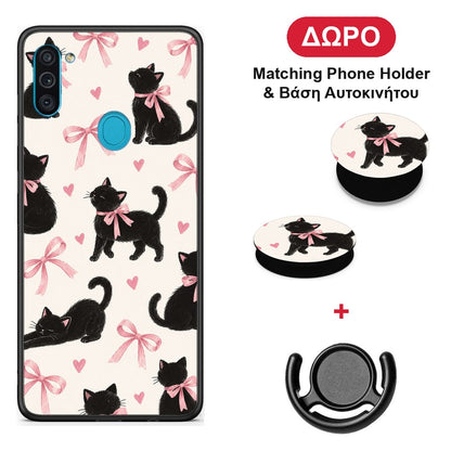Black Kittens and Pink Bows on Cream Large - Samsung Galaxy A11 / M11 θήκη + Δώρο Phone Holder & Βάση Αυτοκινήτου