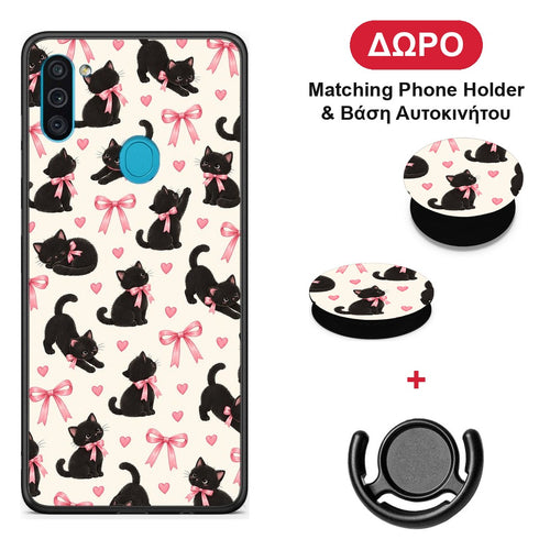Black Kittens and Pink Bows on Cream Small - Samsung Galaxy A11 / M11 θήκη + Δώρο Phone Holder & Βάση Αυτοκινήτου