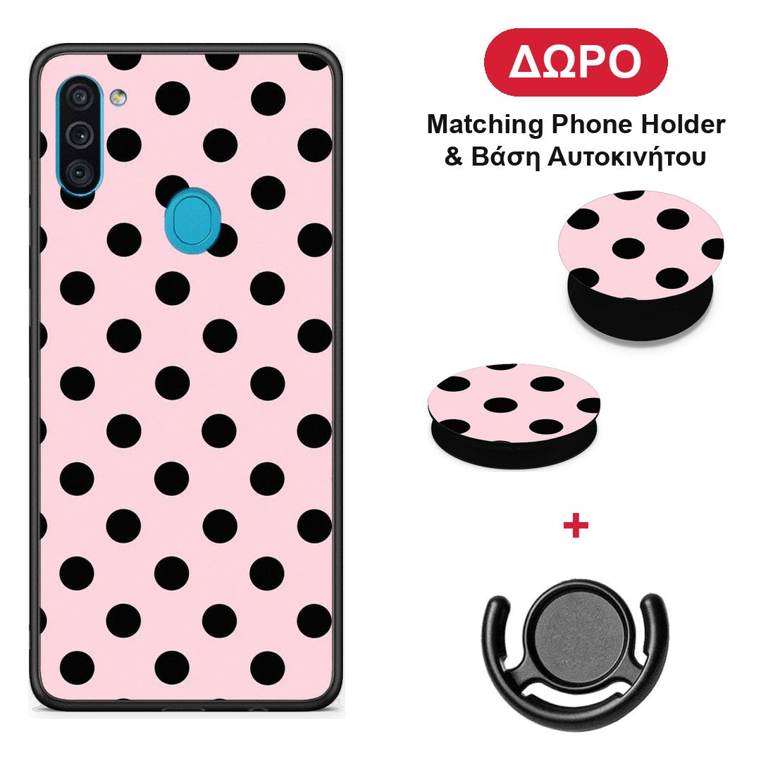Black Polka Dots on Pink - Samsung Galaxy A11 / M11 θήκη + Δώρο Phone Holder & Βάση Αυτοκινήτου