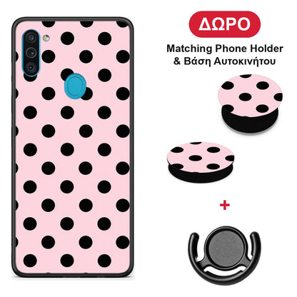 Black Polka Dots on Pink - Samsung Galaxy A11 / M11 θήκη + Δώρο Phone Holder & Βάση Αυτοκινήτου