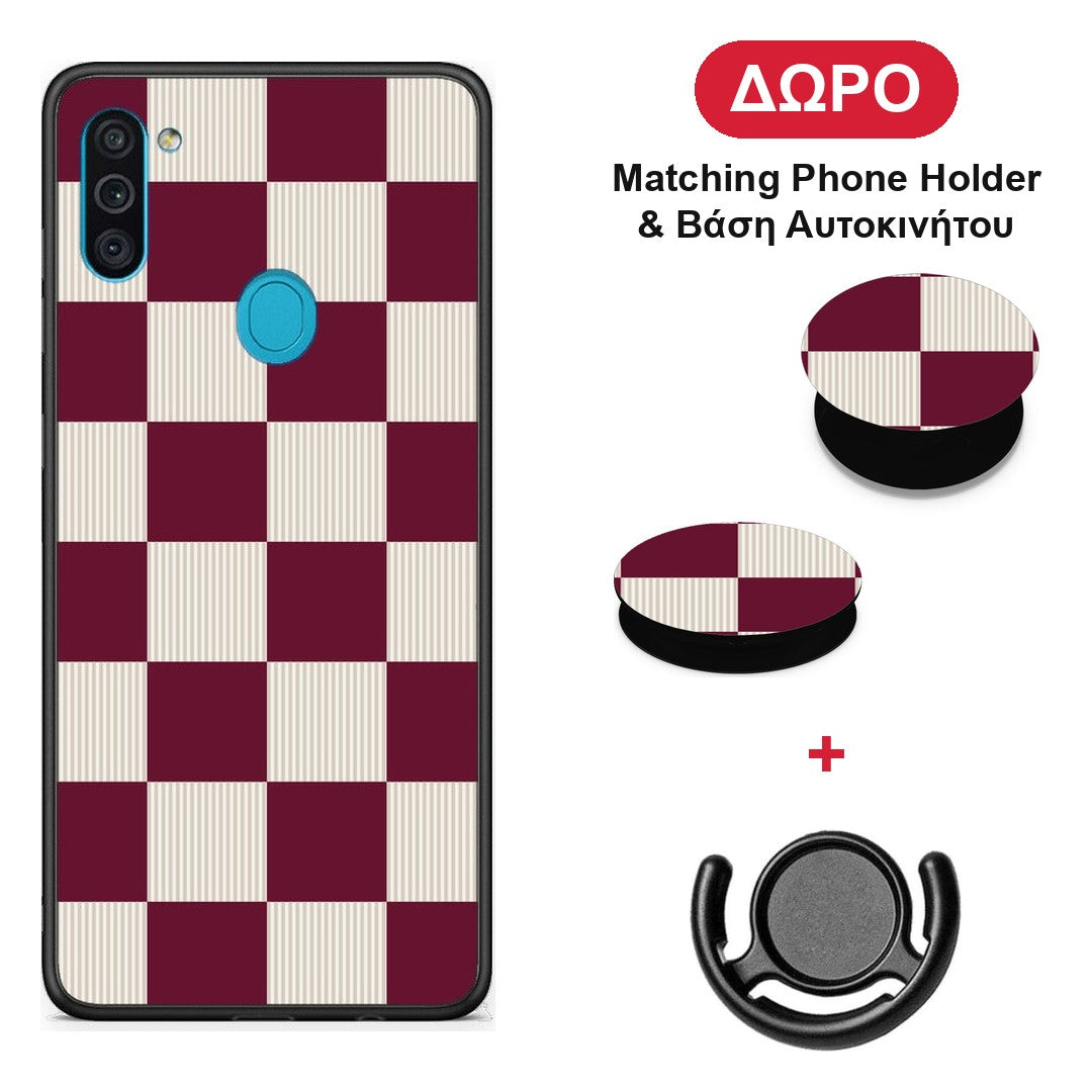 Burgundy and Cream Striped Checks - Samsung Galaxy A11 / M11 θήκη + Δώρο Phone Holder & Βάση Αυτοκινήτου