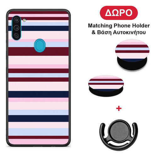 Burgundy Pink and Blue Horizontal Stripes - Samsung Galaxy A11 / M11 θήκη + Δώρο Phone Holder & Βάση Αυτοκινήτου