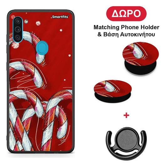 Candy Cane - Samsung Galaxy A11 / M11 θήκη + Δώρο Phone Holder & Βάση Αυτοκινήτου
