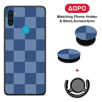 Denim Blue Checkerboard - Samsung Galaxy A11 / M11 θήκη + Δώρο Phone Holder & Βάση Αυτοκινήτου