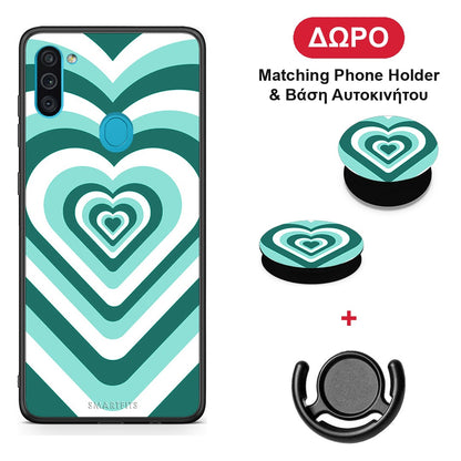 Green Hearts - Samsung Galaxy A11 / M11 θήκη + Δώρο Phone Holder & Βάση Αυτοκινήτου