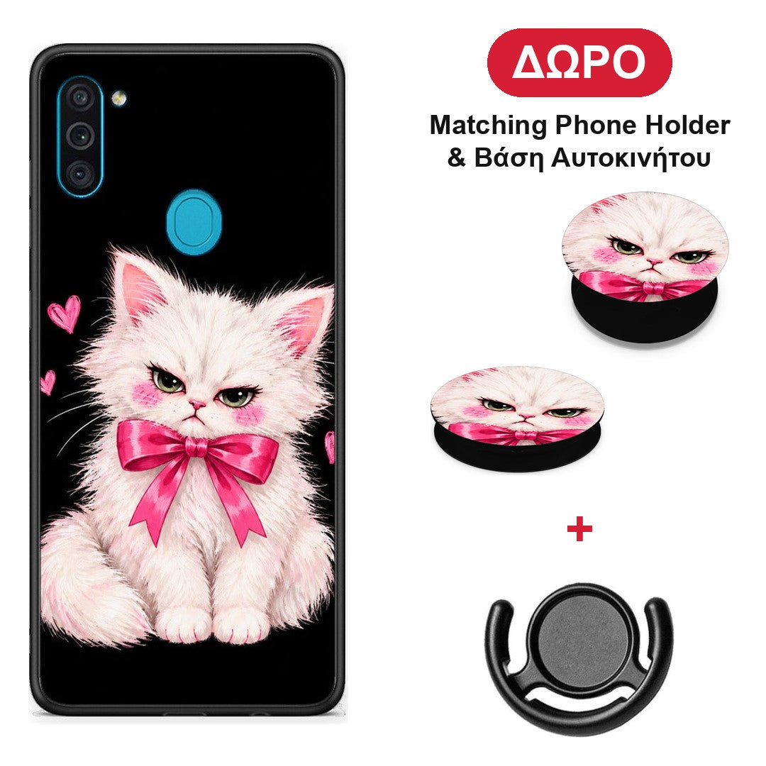 Grumpy Party Kitten on Black - Samsung Galaxy A11 / M11 θήκη + Δώρο Phone Holder & Βάση Αυτοκινήτου