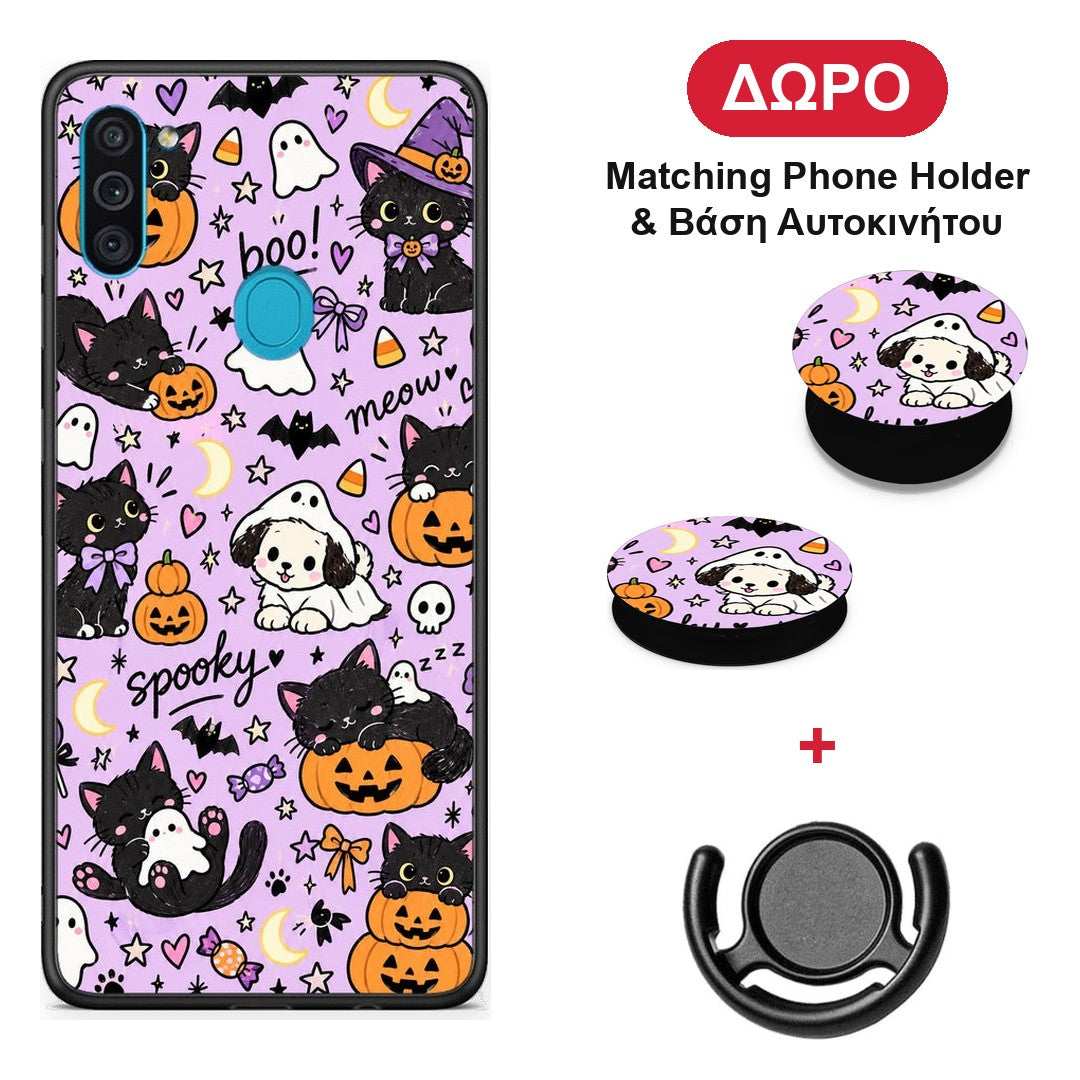 Halloween Black Cats on Lilac - Samsung Galaxy A11 / M11 θήκη + Δώρο Phone Holder & Βάση Αυτοκινήτου