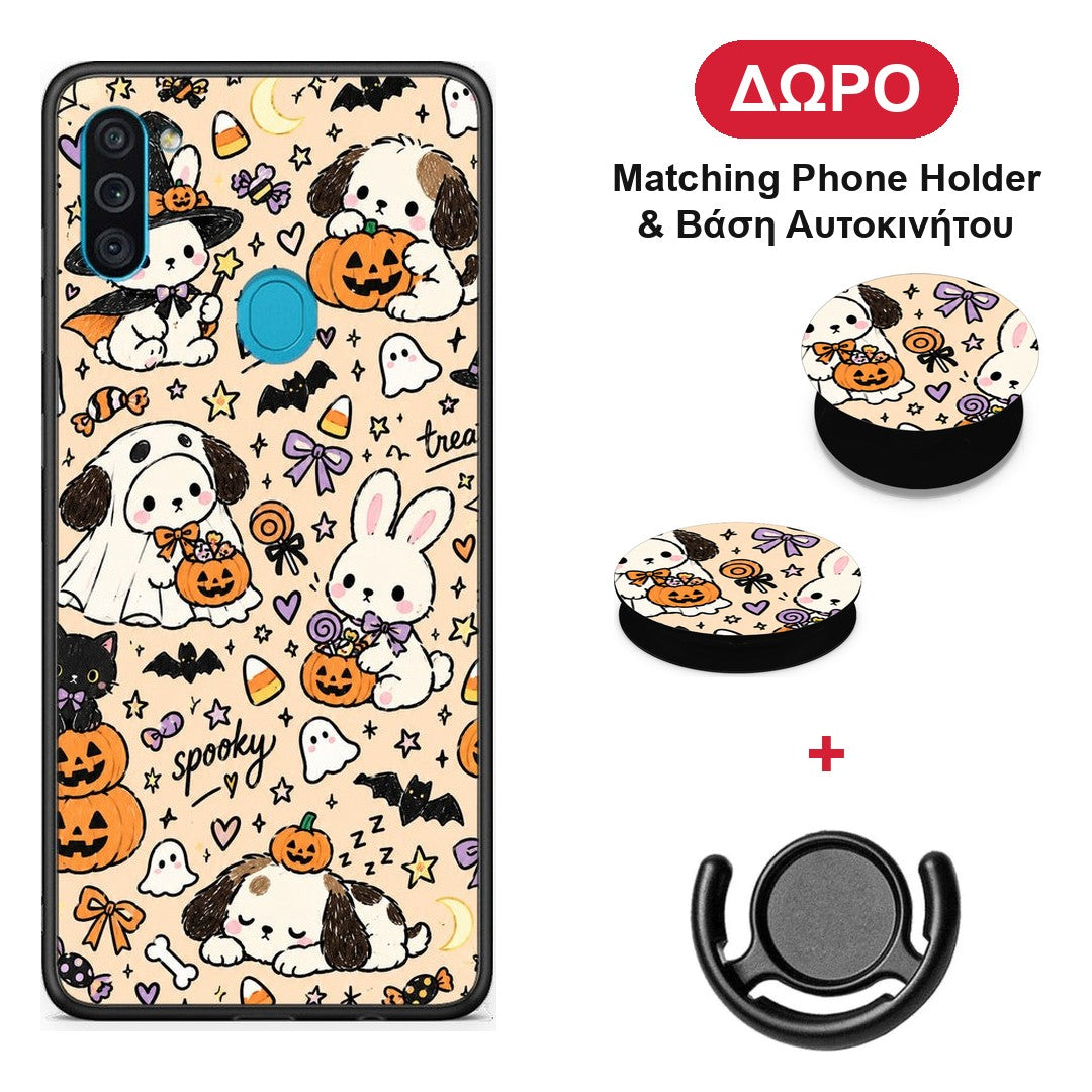 Halloween Puppies and Friends on Cream - Samsung Galaxy A11 / M11 θήκη + Δώρο Phone Holder & Βάση Αυτοκινήτου