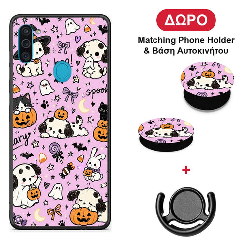 Halloween Puppies and Friends on Lilac - Samsung Galaxy A11 / M11 θήκη + Δώρο Phone Holder & Βάση Αυτοκινήτου