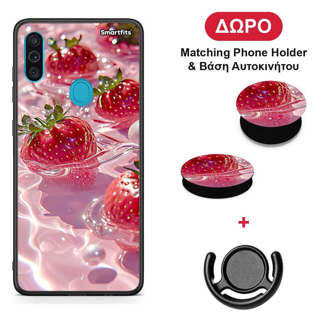 Juicy Strawberries - Samsung Galaxy A11 / M11 θήκη + Δώρο Phone Holder & Βάση Αυτοκινήτου