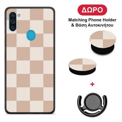 Latte and Cream Striped Checks - Samsung Galaxy A11 / M11 θήκη + Δώρο Phone Holder & Βάση Αυτοκινήτου