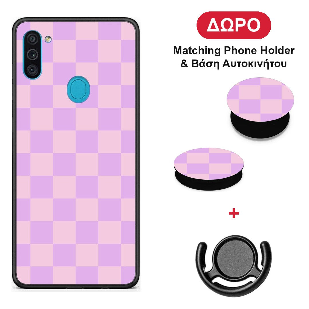 Lavender and Pink Checkerboard - Samsung Galaxy A11 / M11 θήκη + Δώρο Phone Holder & Βάση Αυτοκινήτου