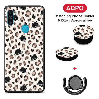 Leopard Spots and Black Cats on Cream - Samsung Galaxy A11 / M11 θήκη + Δώρο Phone Holder & Βάση Αυτοκινήτου