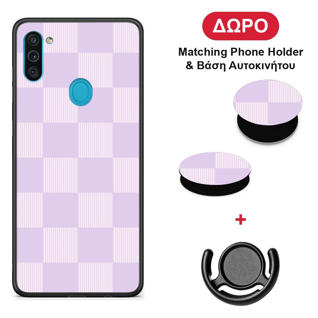 Lilac and Cream Striped Checks - Samsung Galaxy A11 / M11 θήκη + Δώρο Phone Holder & Βάση Αυτοκινήτου