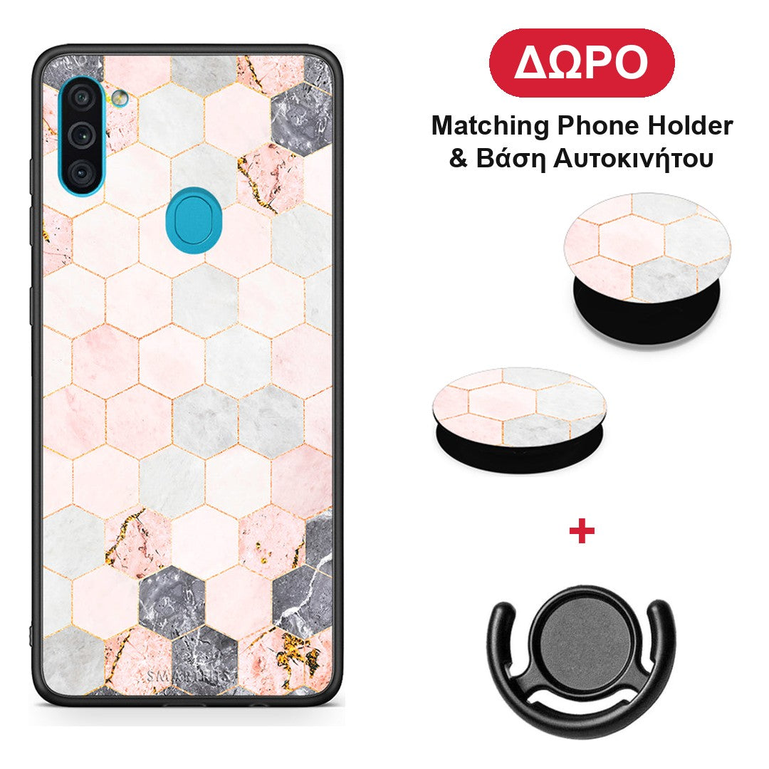 Marble Hexagon Pink - Samsung Galaxy A11 / M11 θήκη + Δώρο Phone Holder & Βάση Αυτοκινήτου