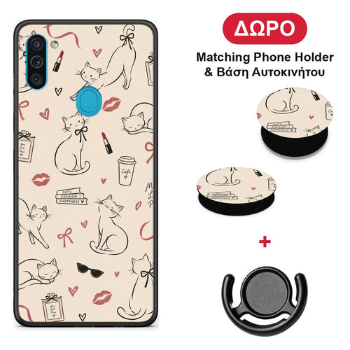 Minimal Cat and Fashion Doodles on Cream - Samsung Galaxy A11 / M11 θήκη + Δώρο Phone Holder & Βάση Αυτοκινήτου