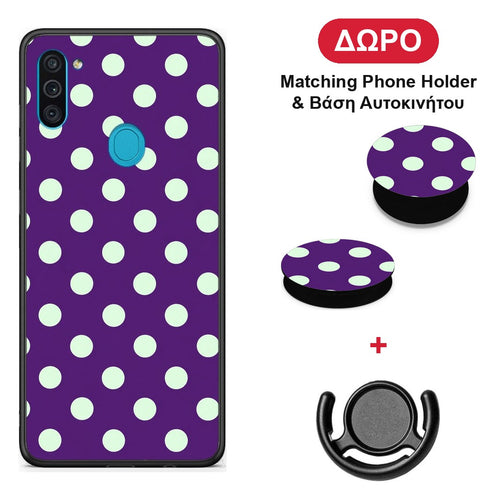 Mint Polka Dots on Purple - Samsung Galaxy A11 / M11 θήκη + Δώρο Phone Holder & Βάση Αυτοκινήτου