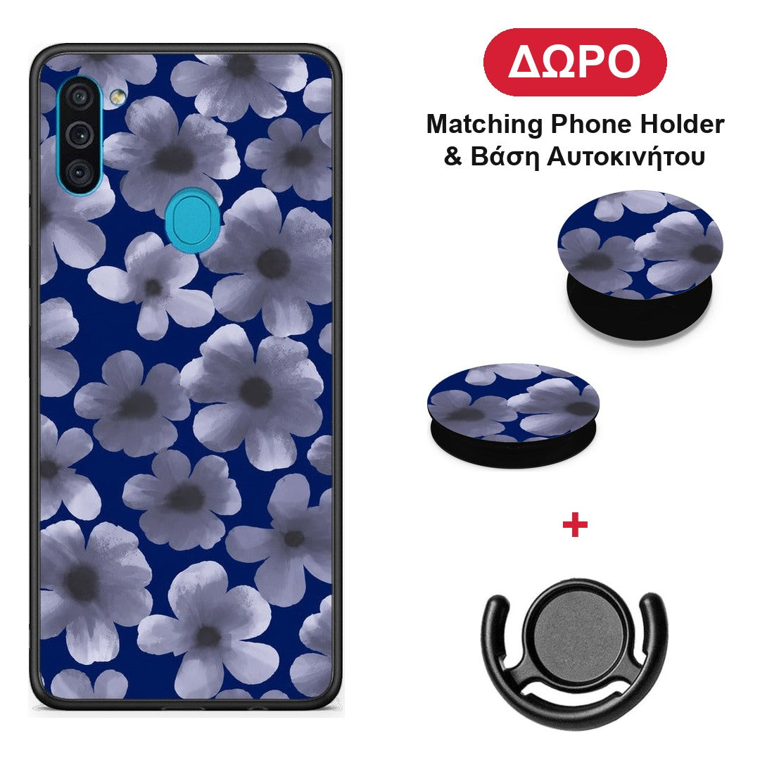 Pale Blue Flowers on Navy - Samsung Galaxy A11 / M11 θήκη + Δώρο Phone Holder & Βάση Αυτοκινήτου