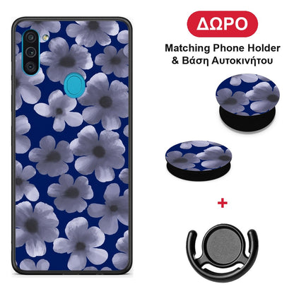 Pale Blue Flowers on Navy - Samsung Galaxy A11 / M11 θήκη + Δώρο Phone Holder & Βάση Αυτοκινήτου